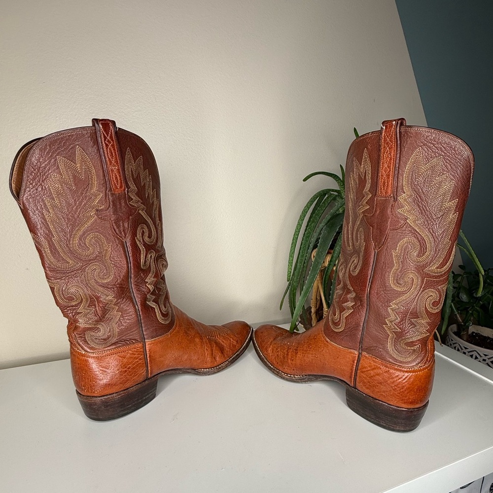 Lucchese Ostrich Leather Cowboy Boots Mens 9D Brown Western Ranch USA Made - Picture 6 of 13